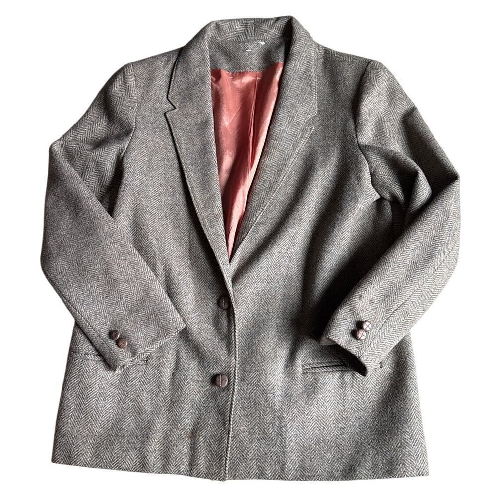 Vintage Kensington Square Wool Blazer Herringbone Tweed Size M - Read